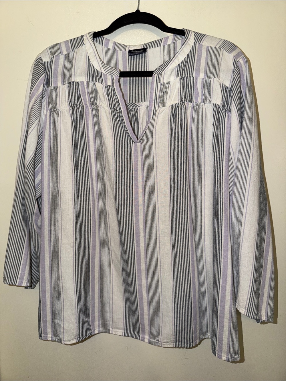 Splendid Linen Blend White, Gray & Lavender Striped Peasant Top